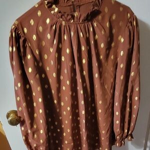 Brown Blouse with Gold Polka Dots